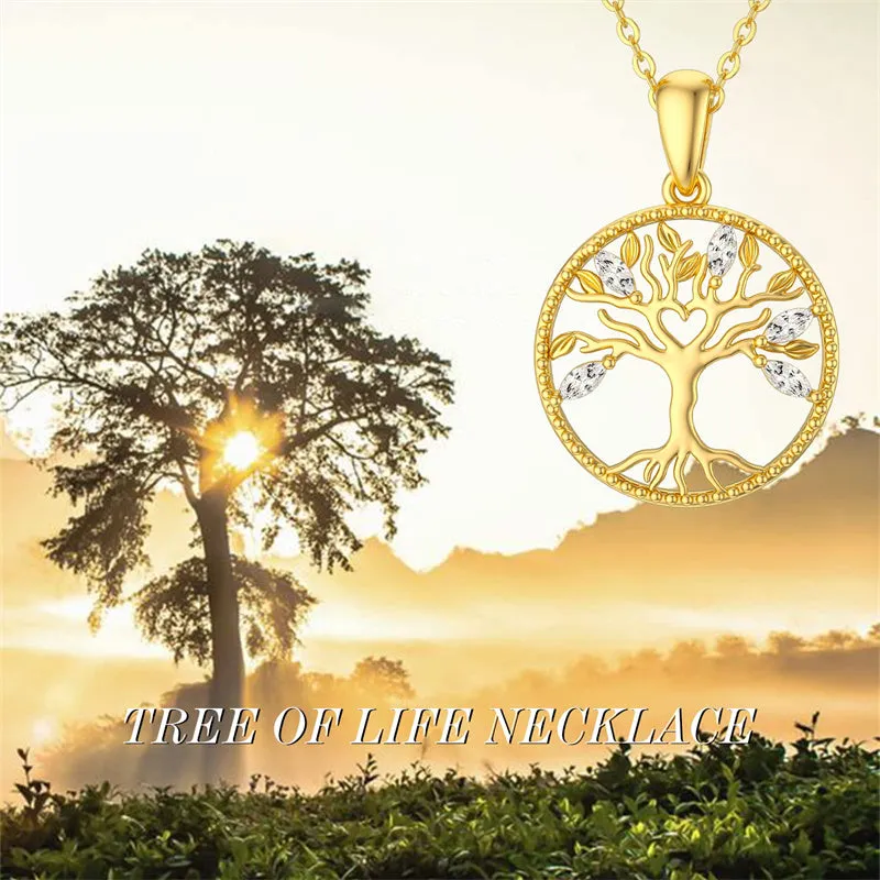 14k Solid Gold Tree of Life Necklace for Women Family Tree Pendant Necklaces for Women Love Heart Tree of Life Jewelry for Women 16-18