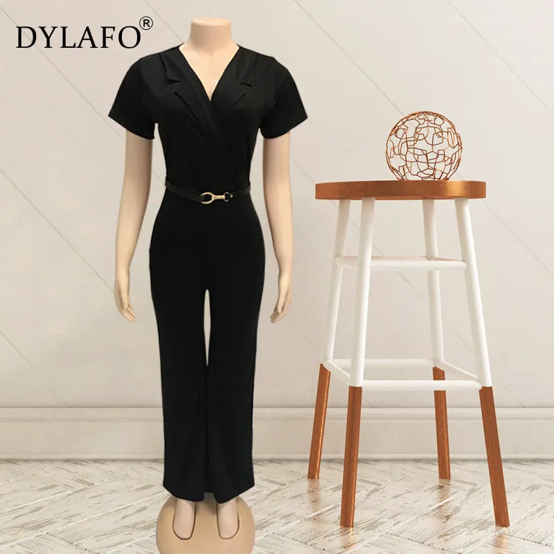 2020 Women Summer Jumpsuit Rompers Soild V Neck Short Sleeve Skinny Casual Jumpsuit Long Sash Women