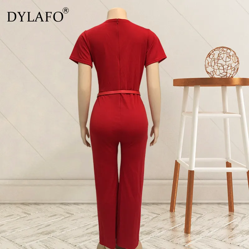 2020 Women Summer Jumpsuit Rompers Soild V Neck Short Sleeve Skinny Casual Jumpsuit Long Sash Women