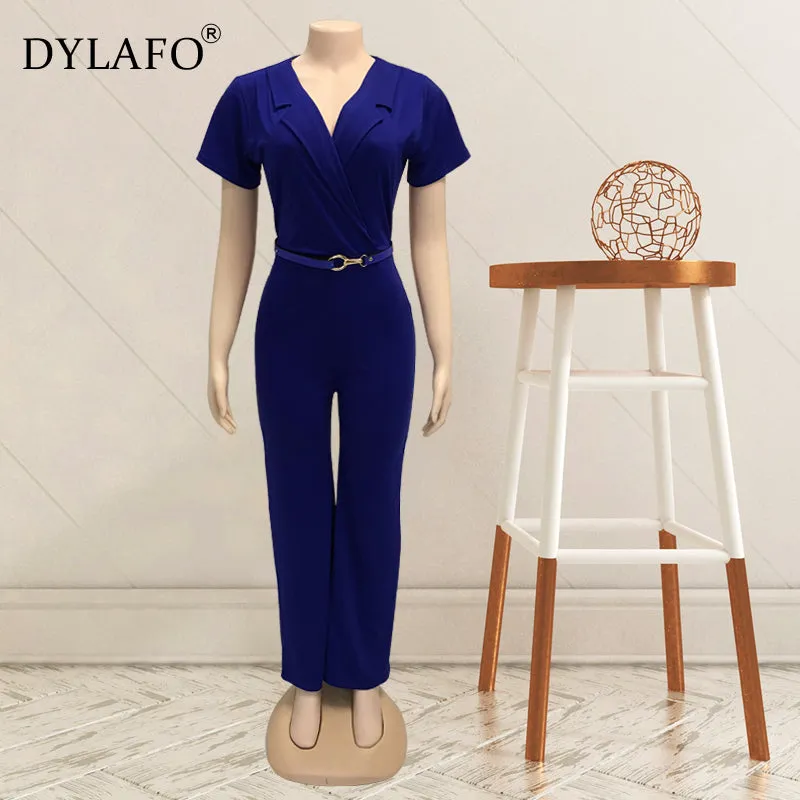 2020 Women Summer Jumpsuit Rompers Soild V Neck Short Sleeve Skinny Casual Jumpsuit Long Sash Women