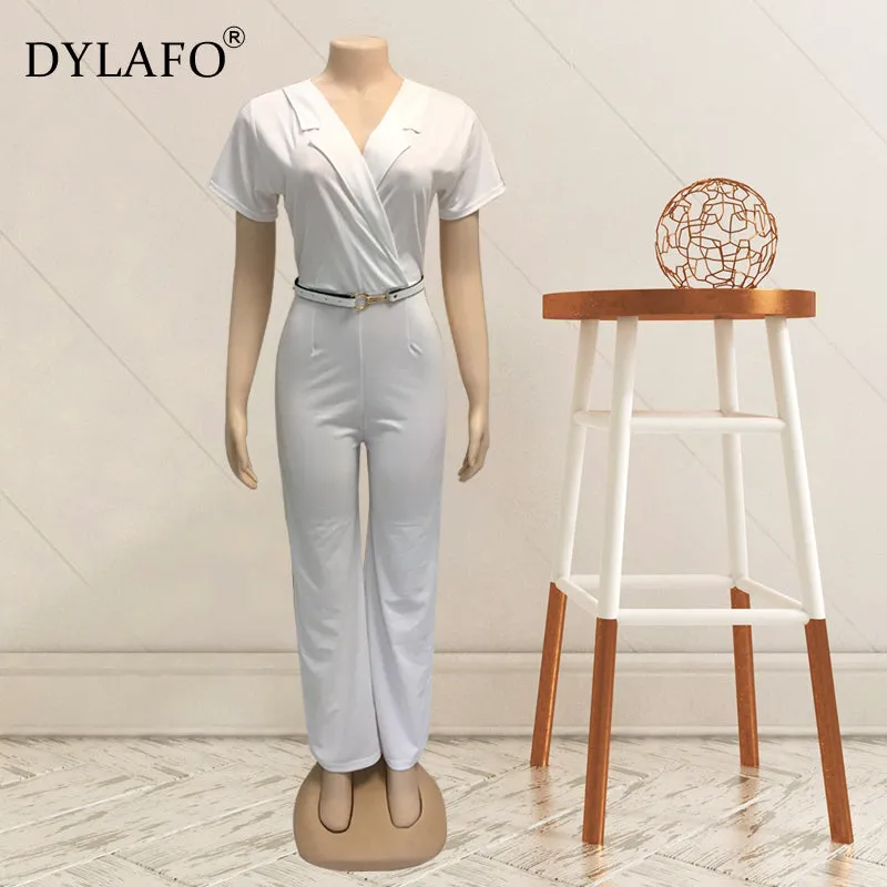 2020 Women Summer Jumpsuit Rompers Soild V Neck Short Sleeve Skinny Casual Jumpsuit Long Sash Women