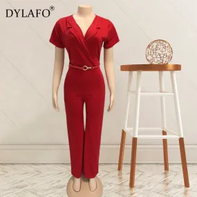 2020 Women Summer Jumpsuit Rompers Soild V Neck Short Sleeve Skinny Casual Jumpsuit Long Sash Women