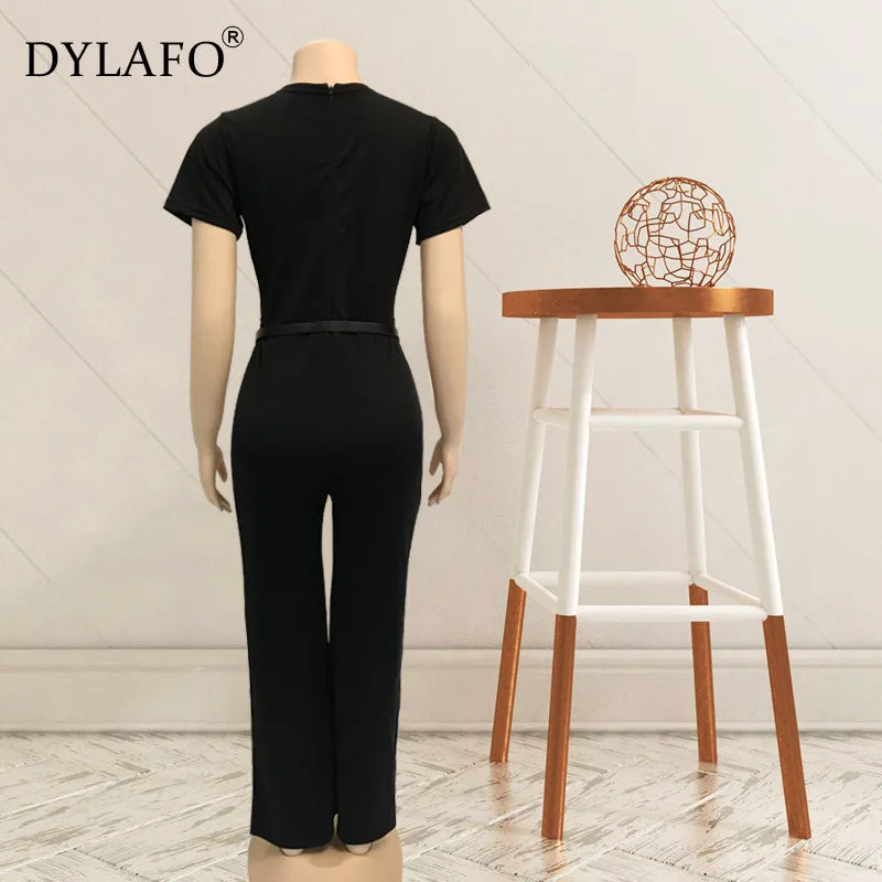 2020 Women Summer Jumpsuit Rompers Soild V Neck Short Sleeve Skinny Casual Jumpsuit Long Sash Women