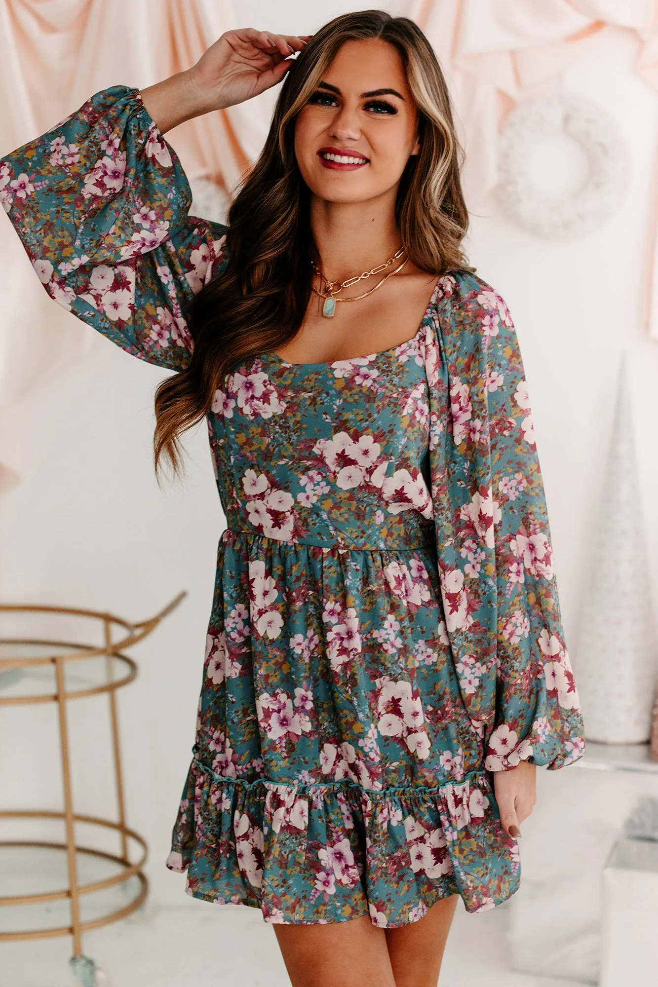 A Graceful Touch Floral Square Neck Dress (Teal/Plum)