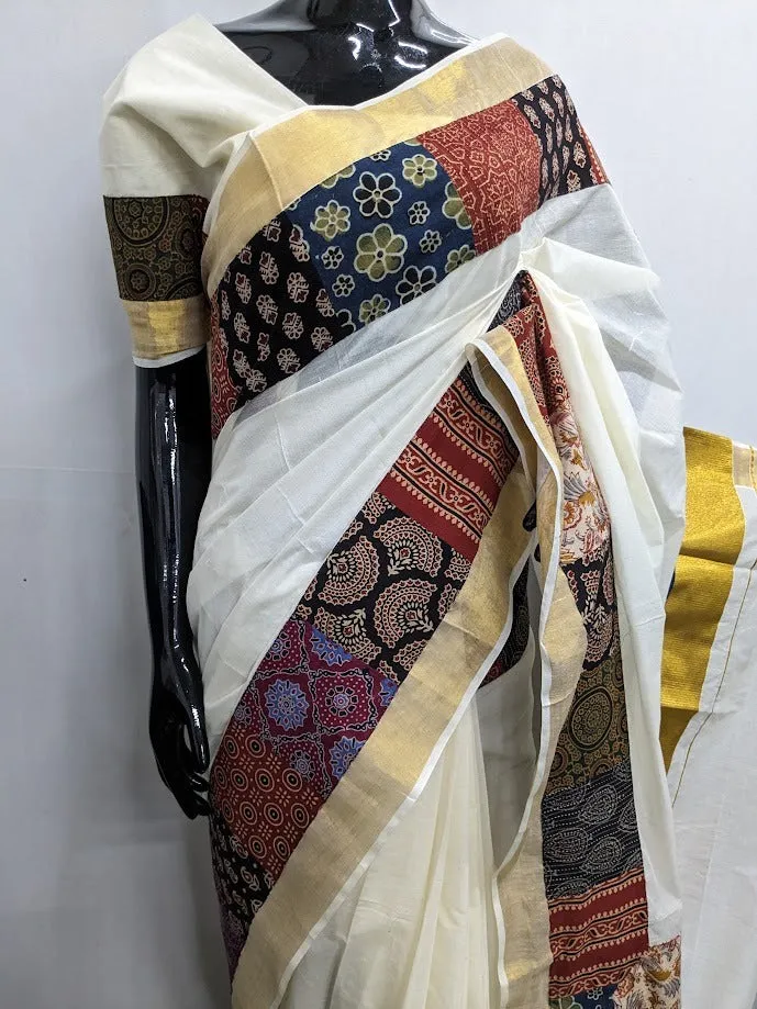 Ajrakh Cotton Patch Border Kerala Cotton Saree with Blouse-KIA001KSAP