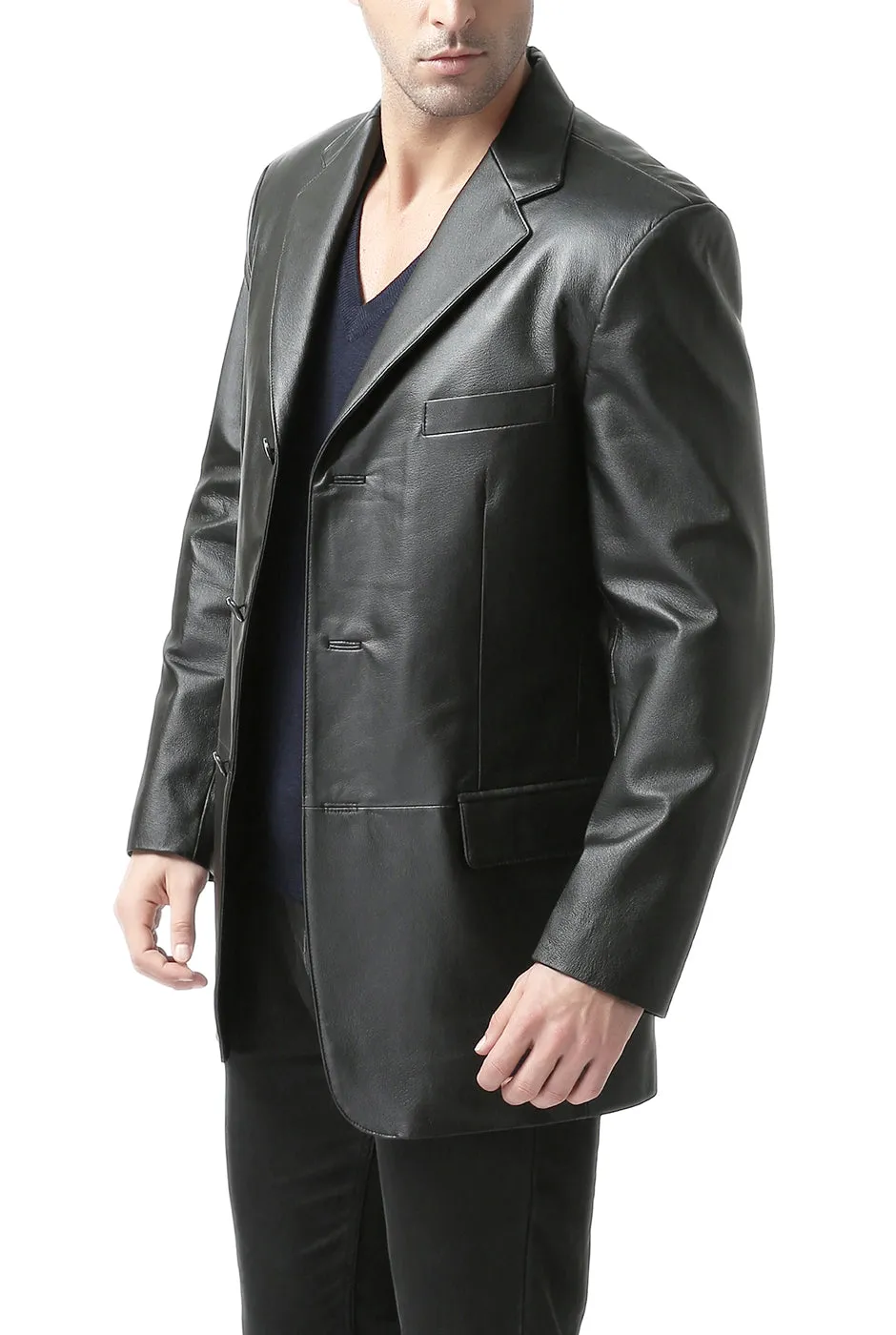 BGSD Men Three-Button Lambskin Leather Blazer