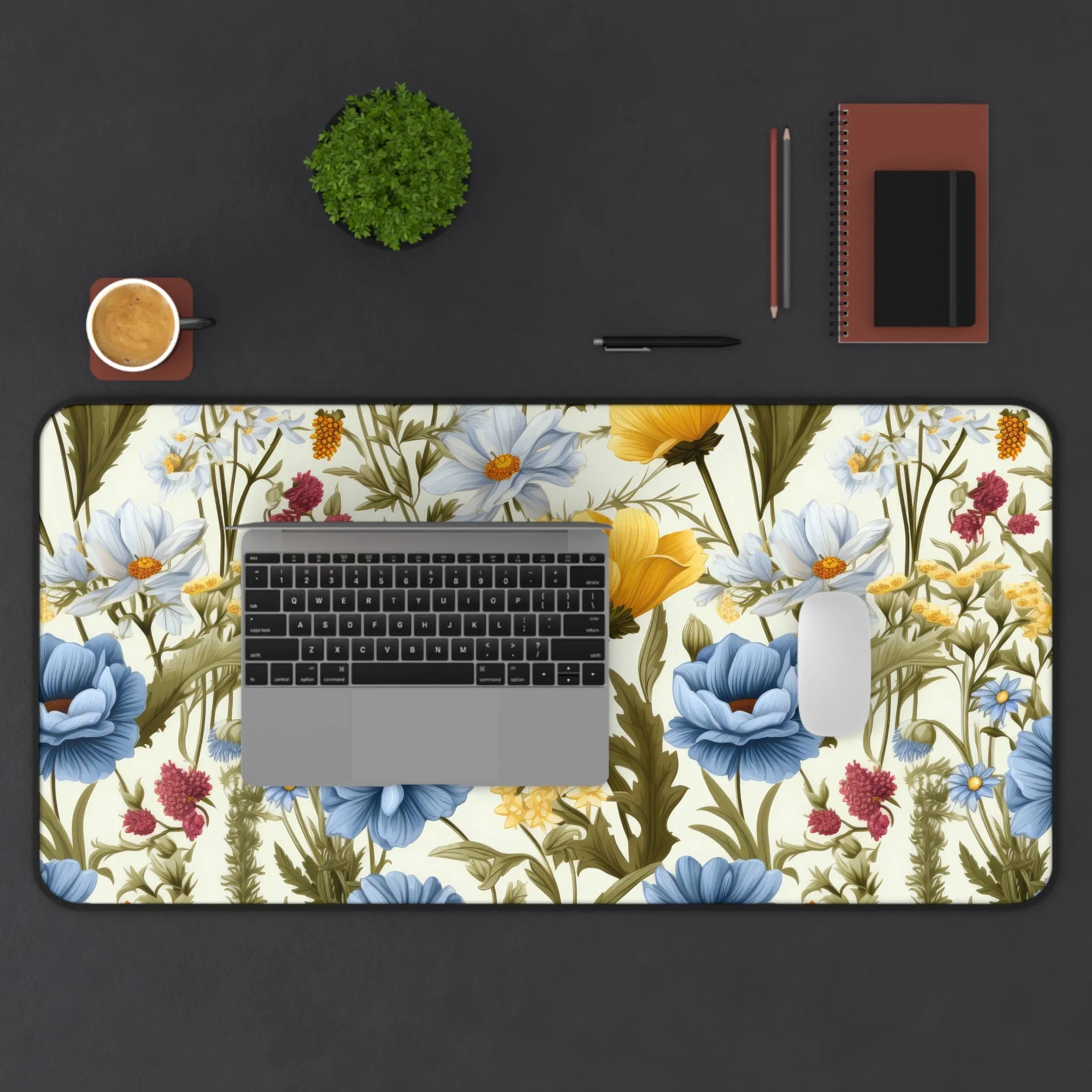 Blue Yellow Wild Flowers French Floral Romantic Laptop Computer Spring Desk Mat