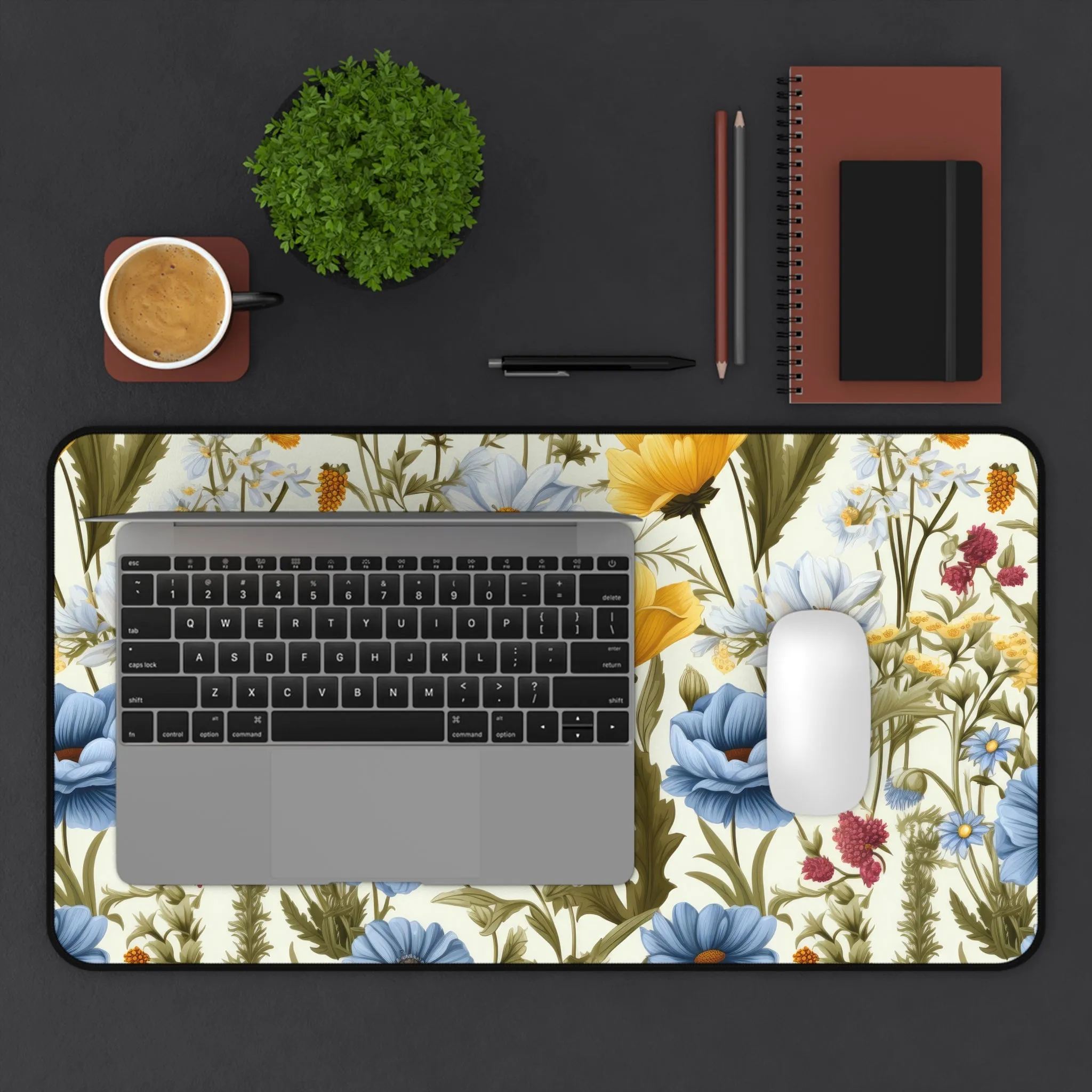 Blue Yellow Wild Flowers French Floral Romantic Laptop Computer Spring Desk Mat