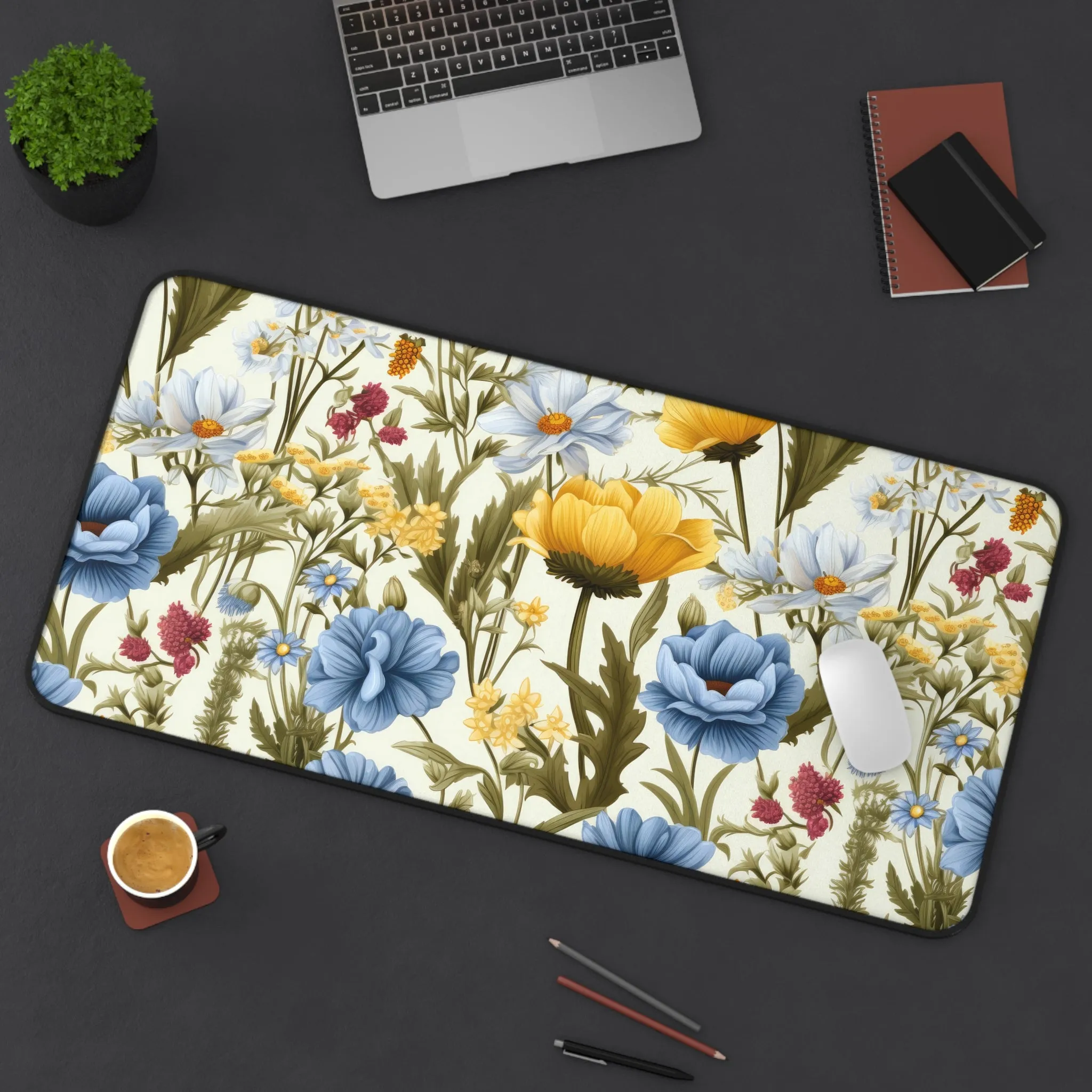 Blue Yellow Wild Flowers French Floral Romantic Laptop Computer Spring Desk Mat