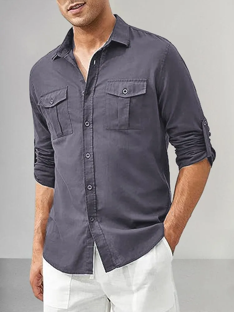 Casual Flap Pocket Cotton Linen Shirt