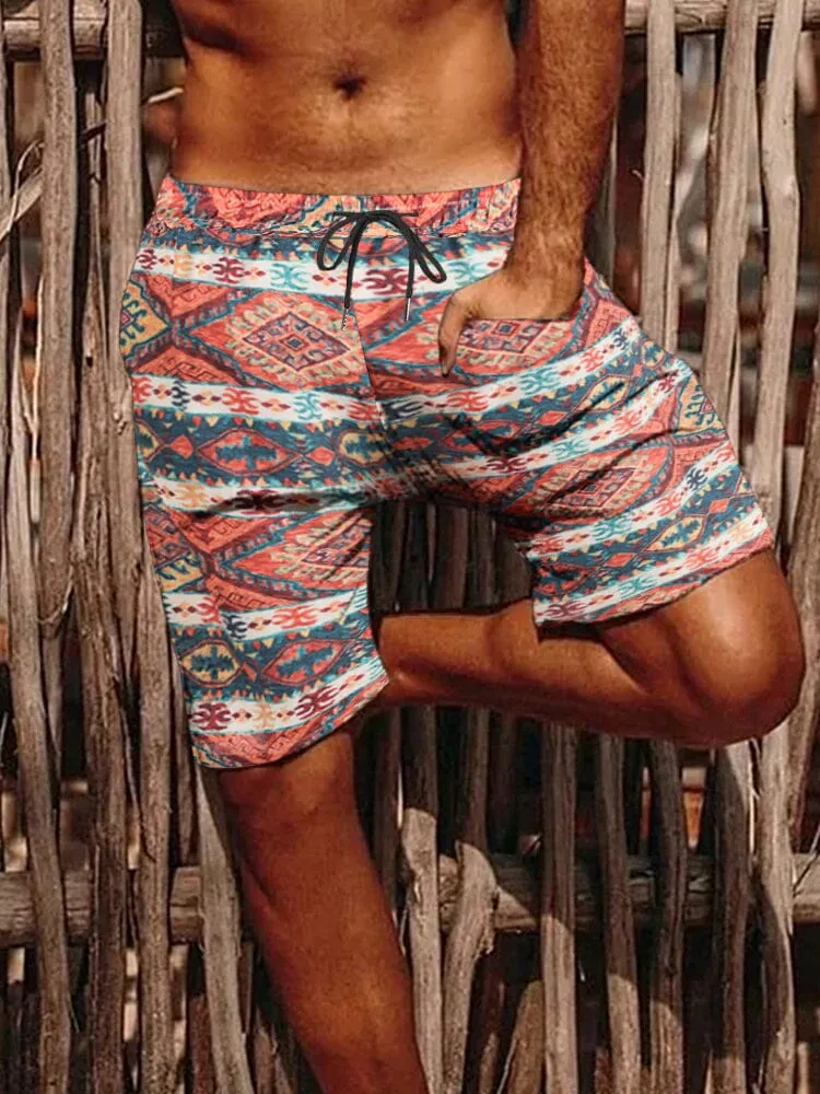 Casual Retro Print Drawstring Shorts