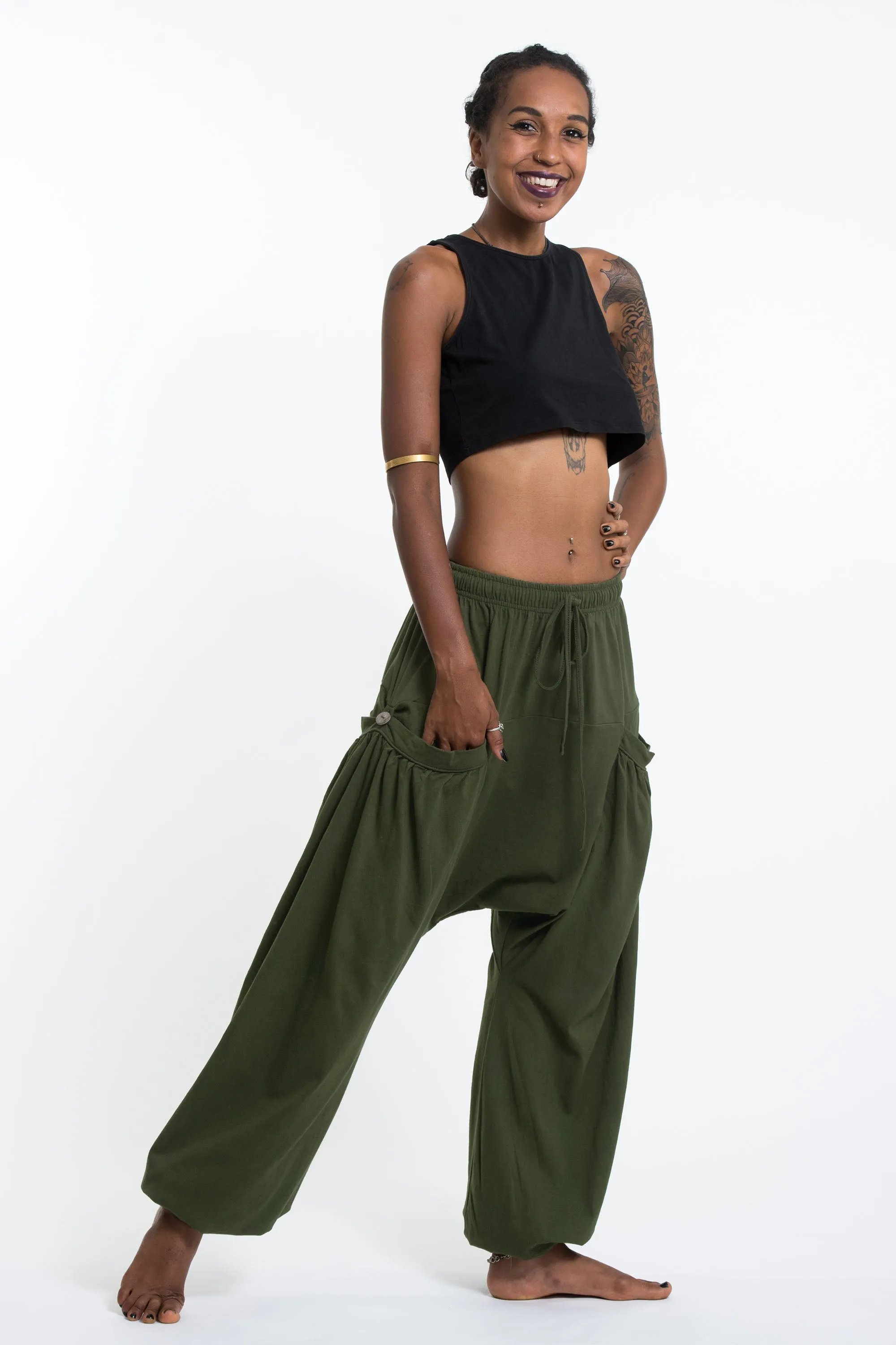 Cotton Women Harem Pants in Solid Green