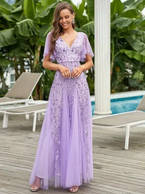 Custom Size Romantic Shimmery V Neck Ruffle Sleeves Maxi Long Evening Gowns