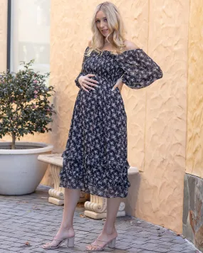 Daisy Romantic  Print Maternity Black Dress