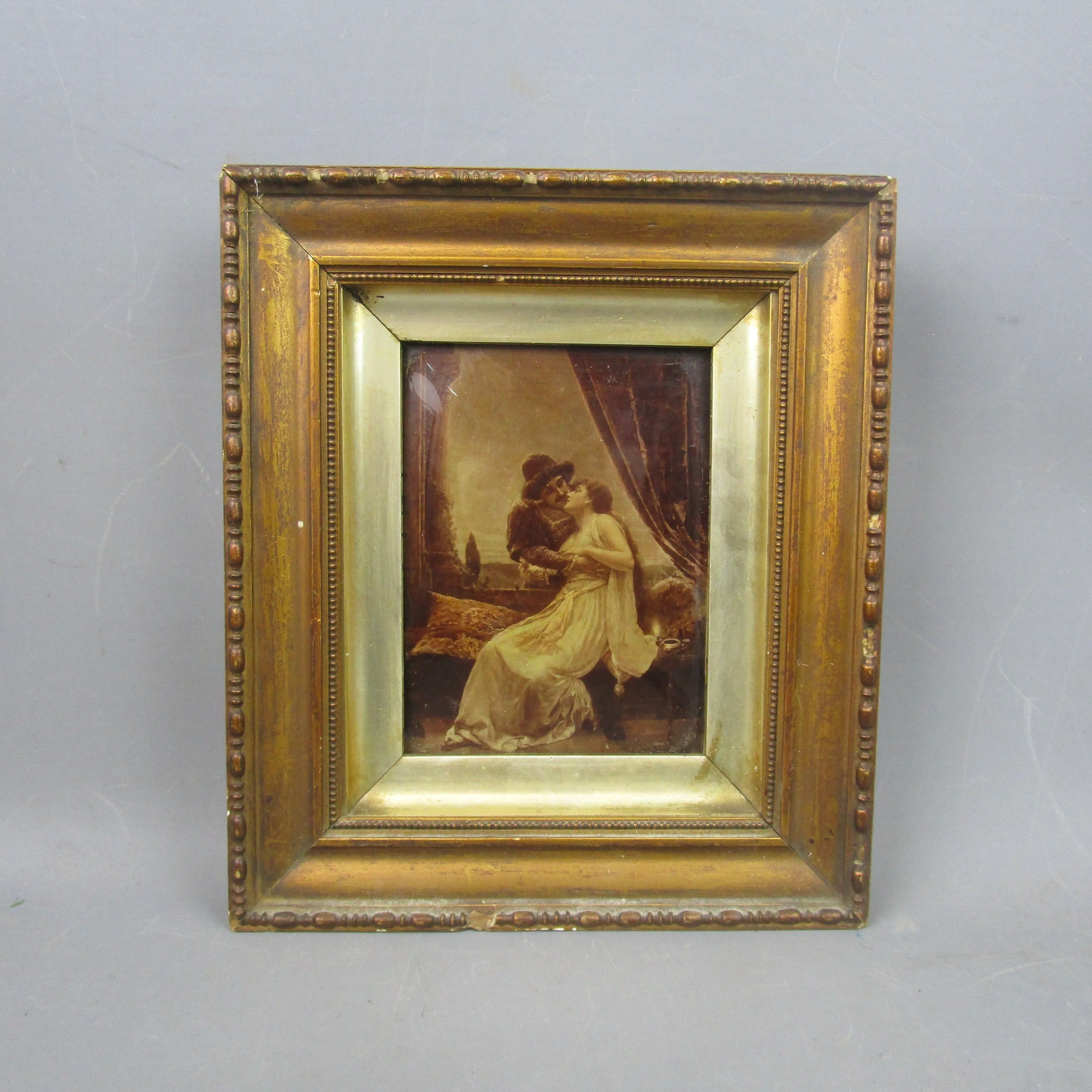 Framed Romeo & Juliet Romantic Themed Glass Crystoleum Antique Victorian c1890