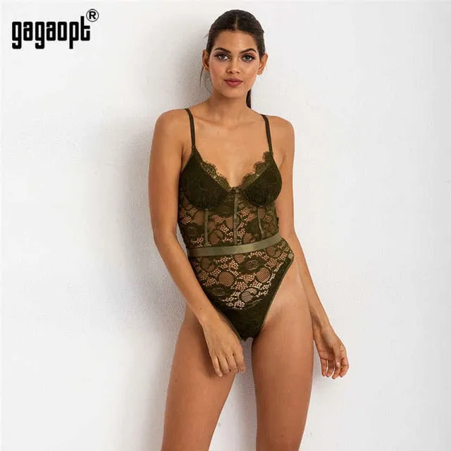 Gagaopt 2020 Hollow Out Sexy V-Neck Lace Bodysuit Sleeveless One Piece Body Feminino Romantic Sheer Teddy Fashion Bodysuit