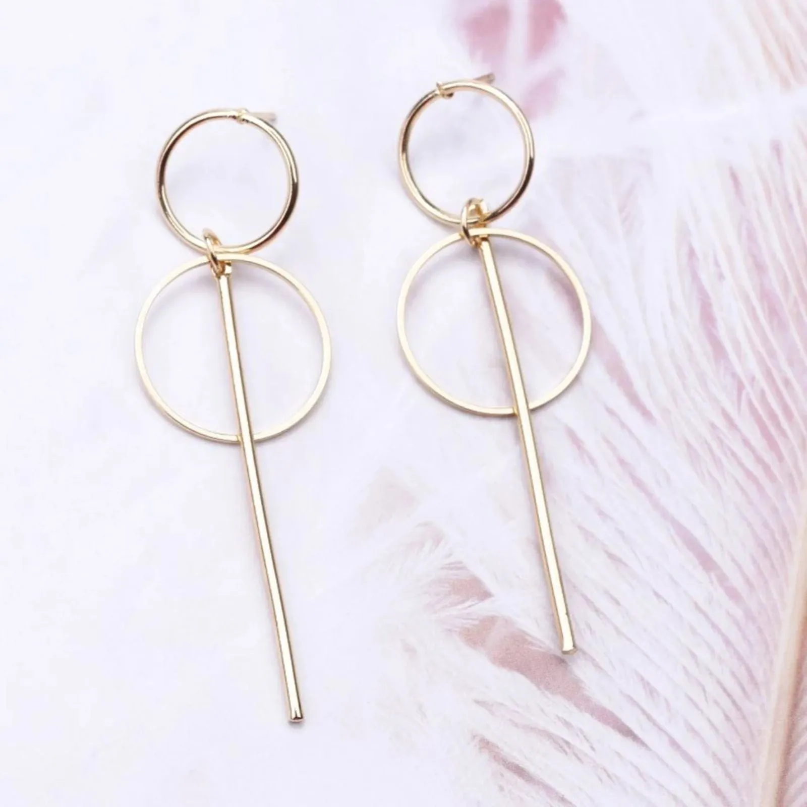 Graceful 14K Gold Plated Line and Circle Drop Earring