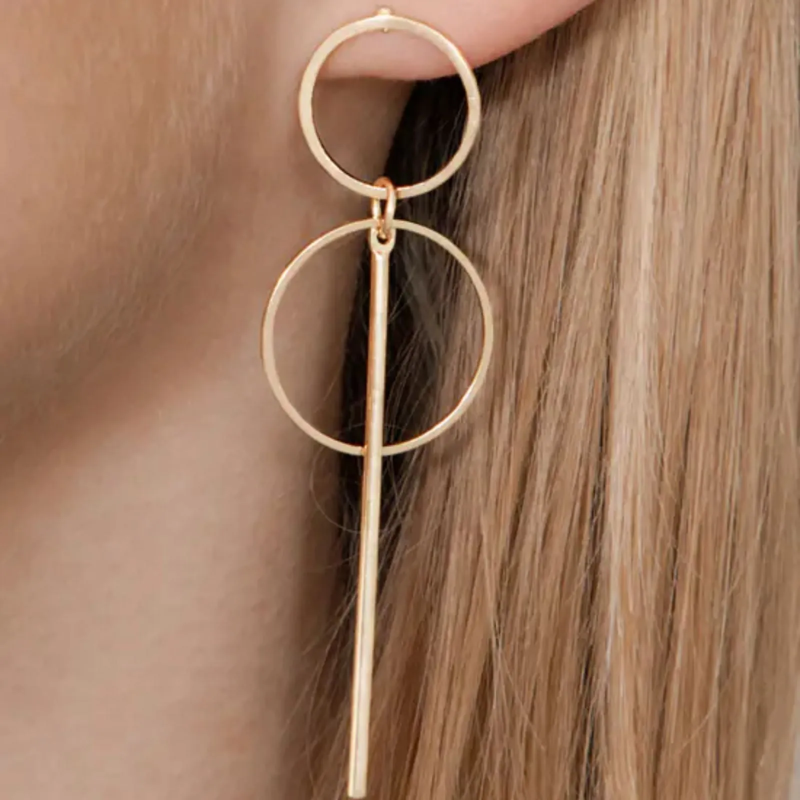 Graceful 14K Gold Plated Line and Circle Drop Earring