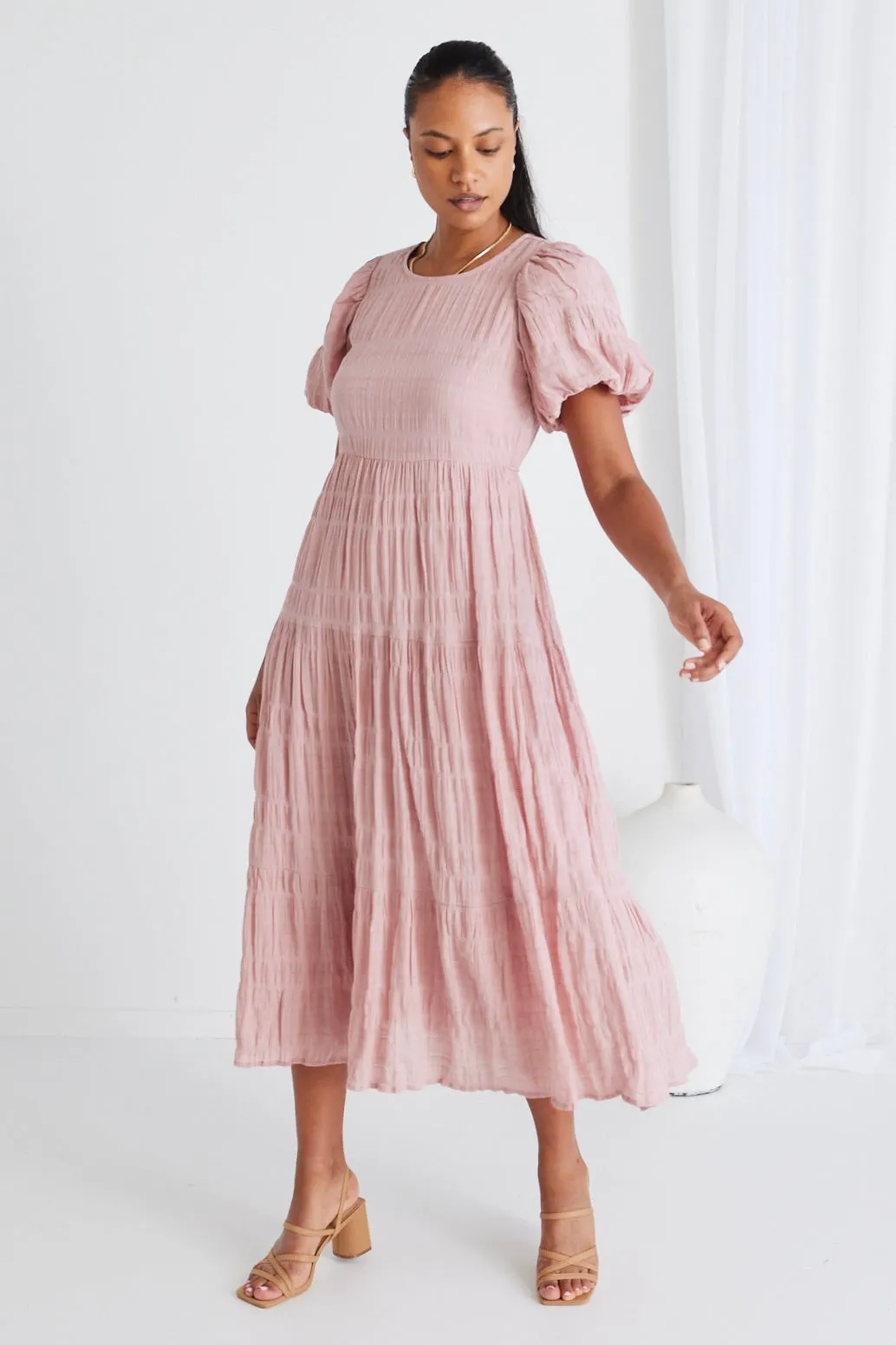 Graceful Blush Shirred Cotton Bubble Sleeve Tiered Maxi Dress