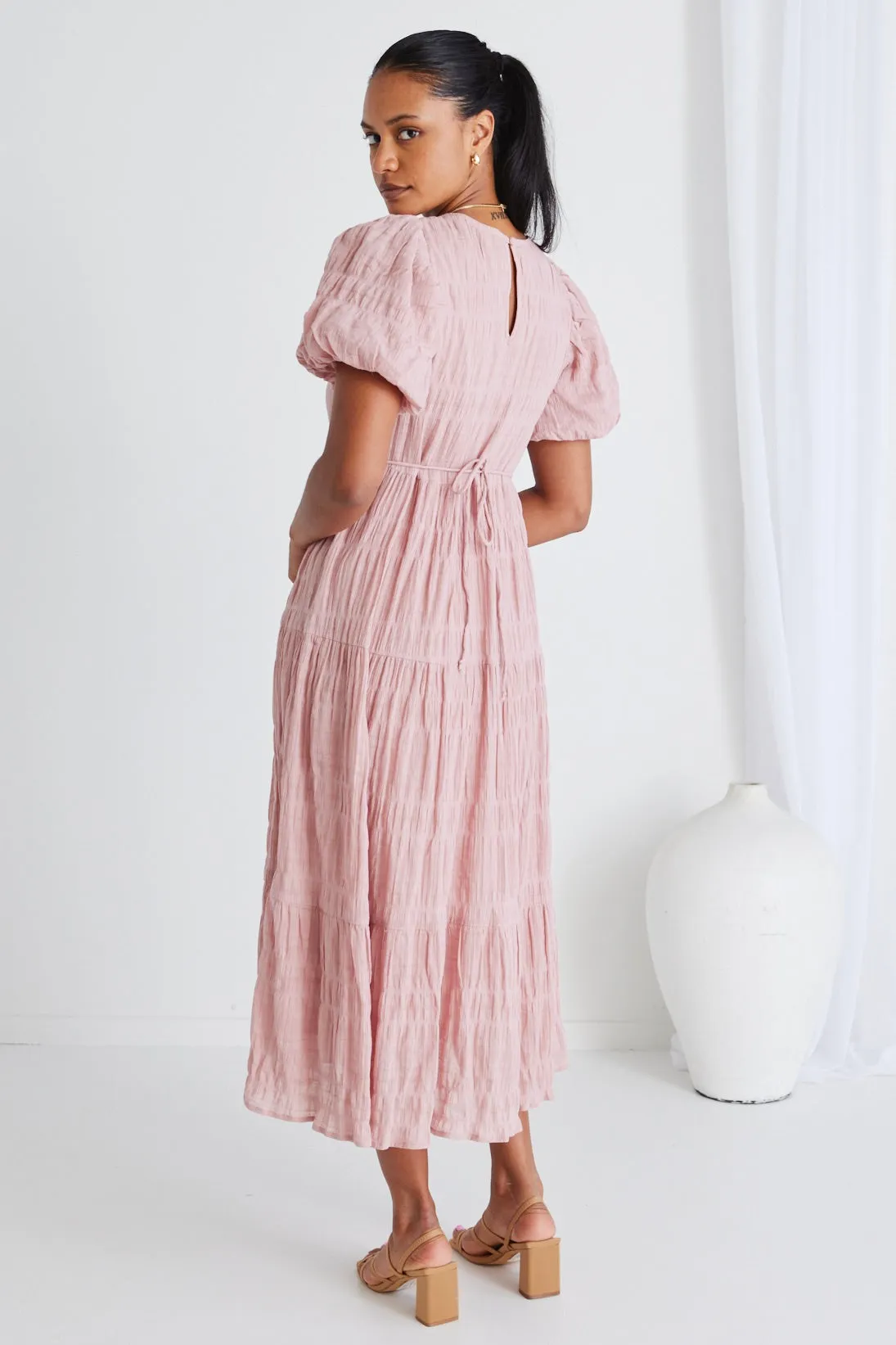 Graceful Blush Shirred Cotton Bubble Sleeve Tiered Maxi Dress