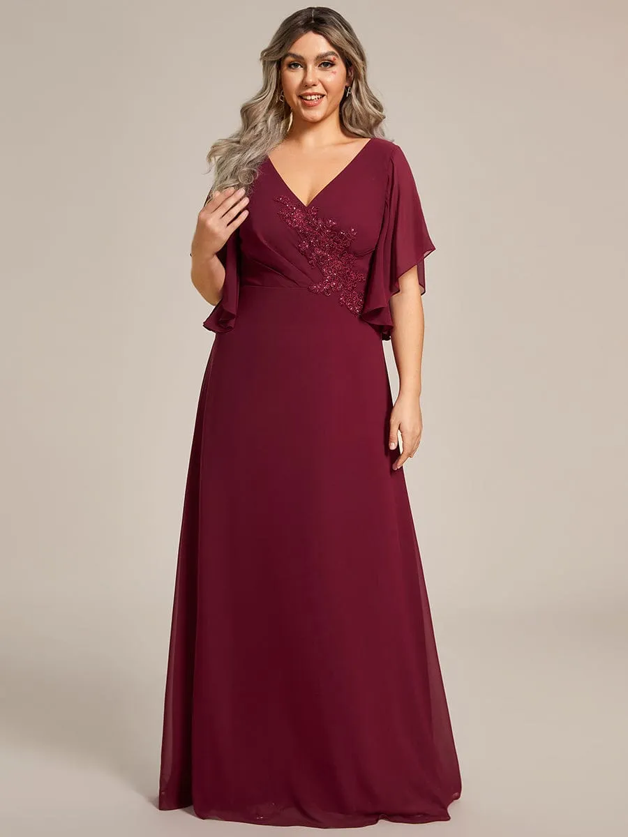 Graceful Plus Size A-line Ruffles Sleeve Chiffon Mother of the Bride Dress with Applique