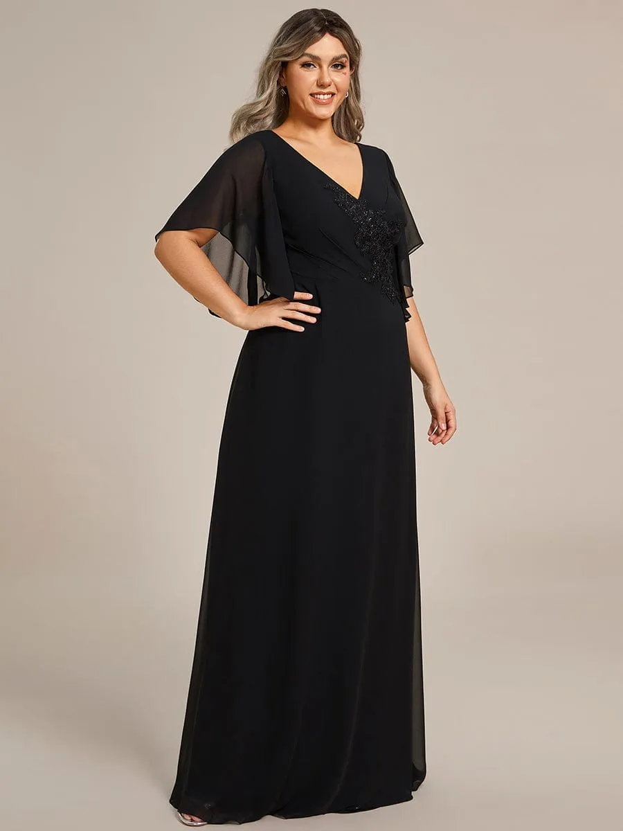 Graceful Plus Size A-line Ruffles Sleeve Chiffon Mother of the Bride Dress with Applique