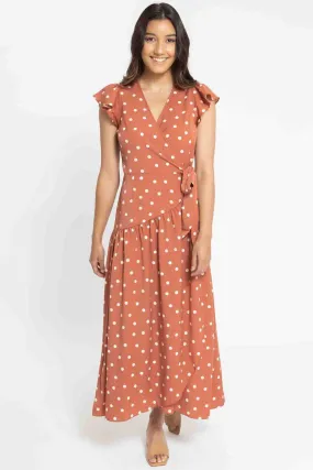 Graceful Terracotta Spot SS Maxi Wrap Dress