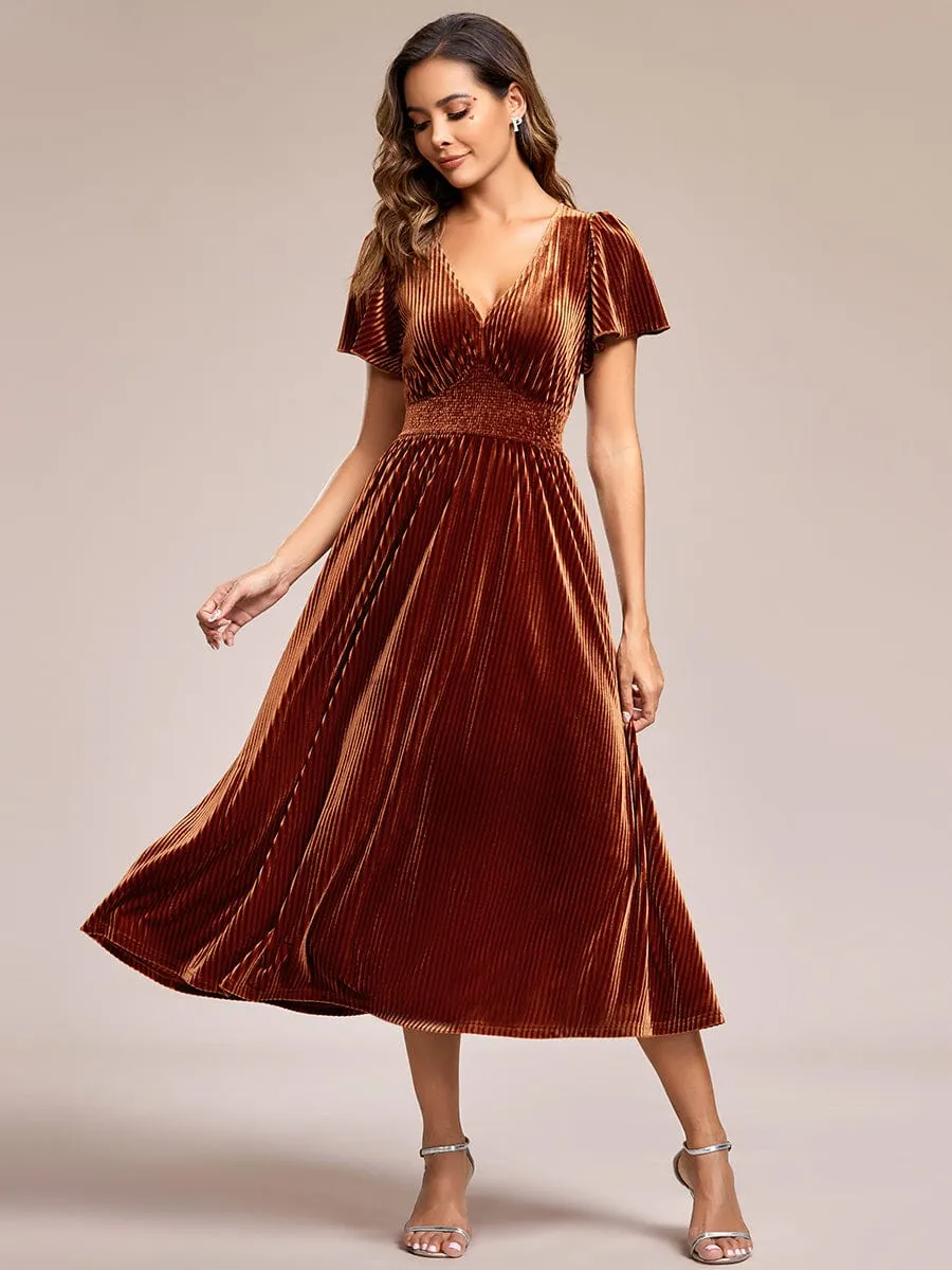 Graceful V-Neck Waist Design Short Sleeves Fall Velvet Midi Wedding Guest Dress