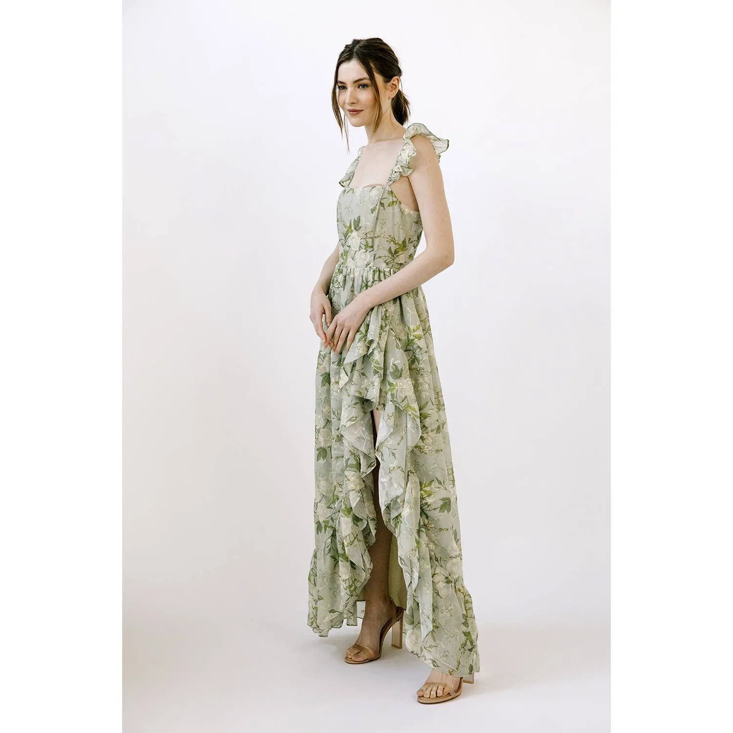 Green Floral Romantic Rose Floral Print Maxi