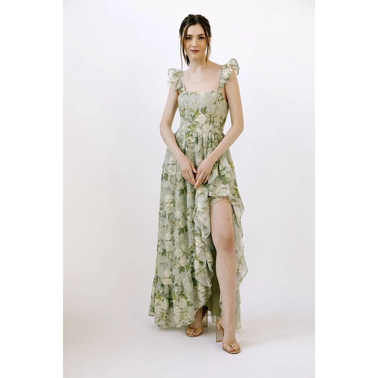 Green Floral Romantic Rose Floral Print Maxi