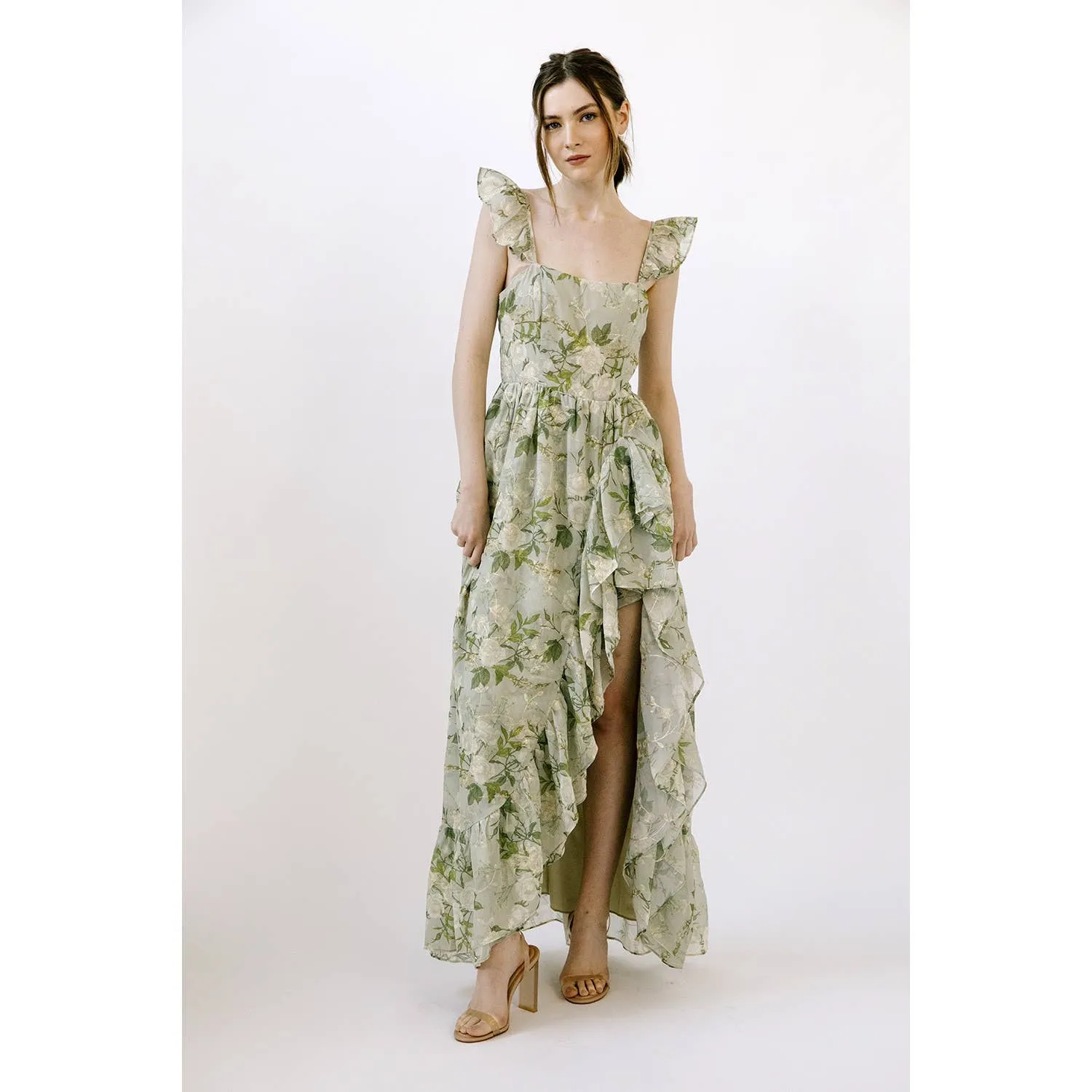 Green Floral Romantic Rose Floral Print Maxi