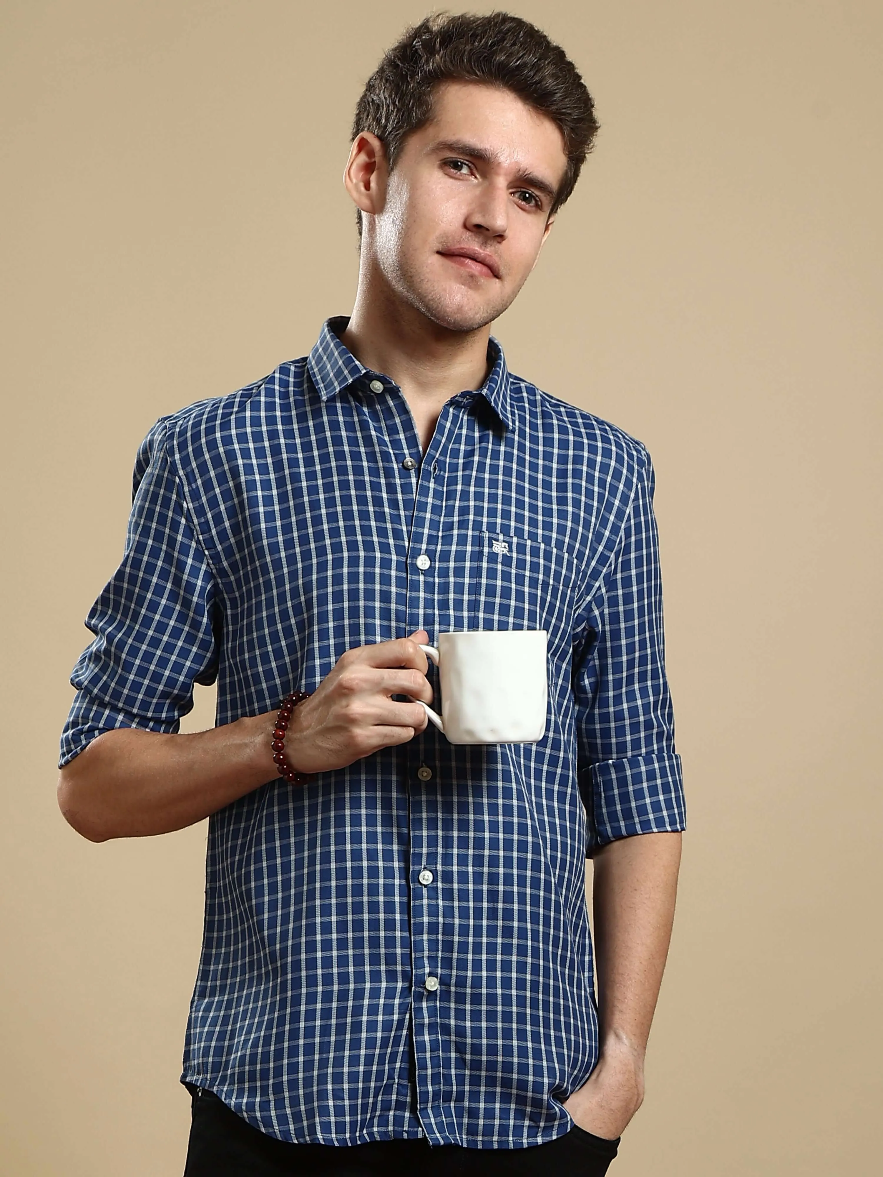 Grey & Navy casual square check full sleeves shirt