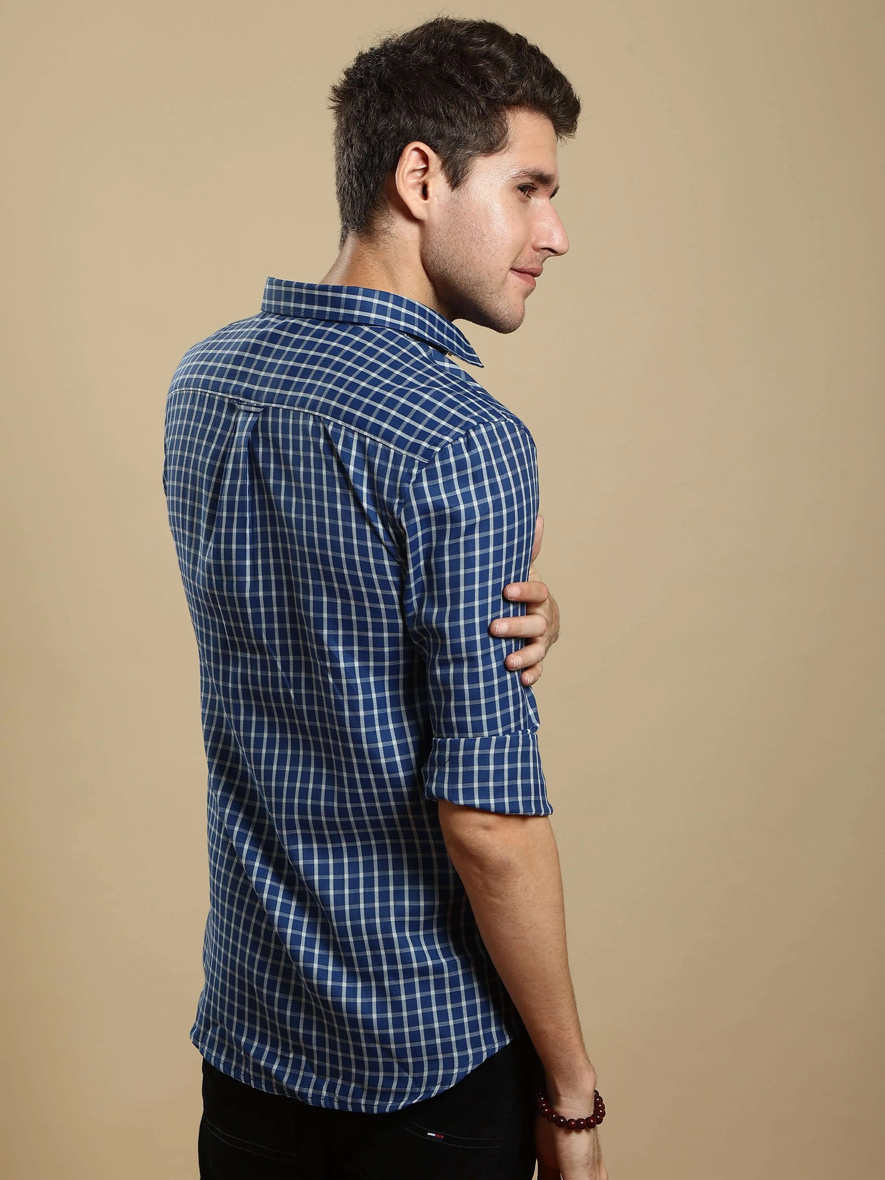 Grey & Navy casual square check full sleeves shirt