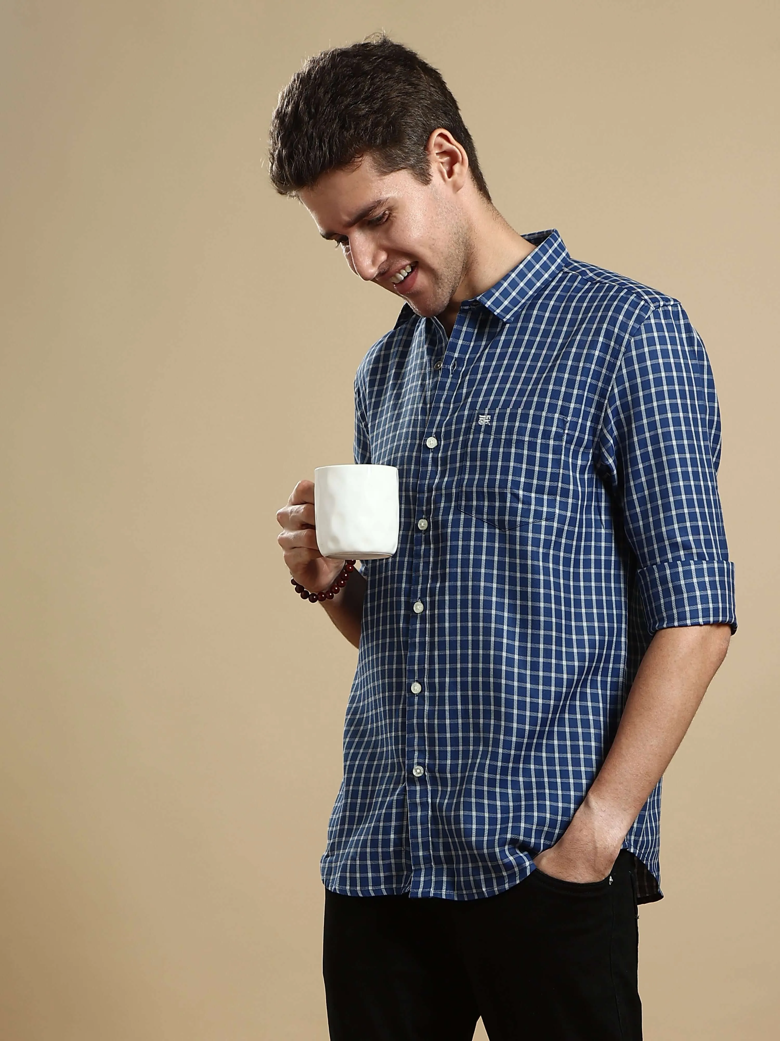 Grey & Navy casual square check full sleeves shirt