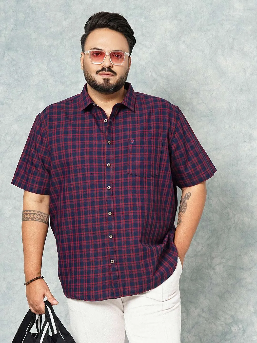 Hardsoda Men Navy Plus Size Checked Casual Shirt