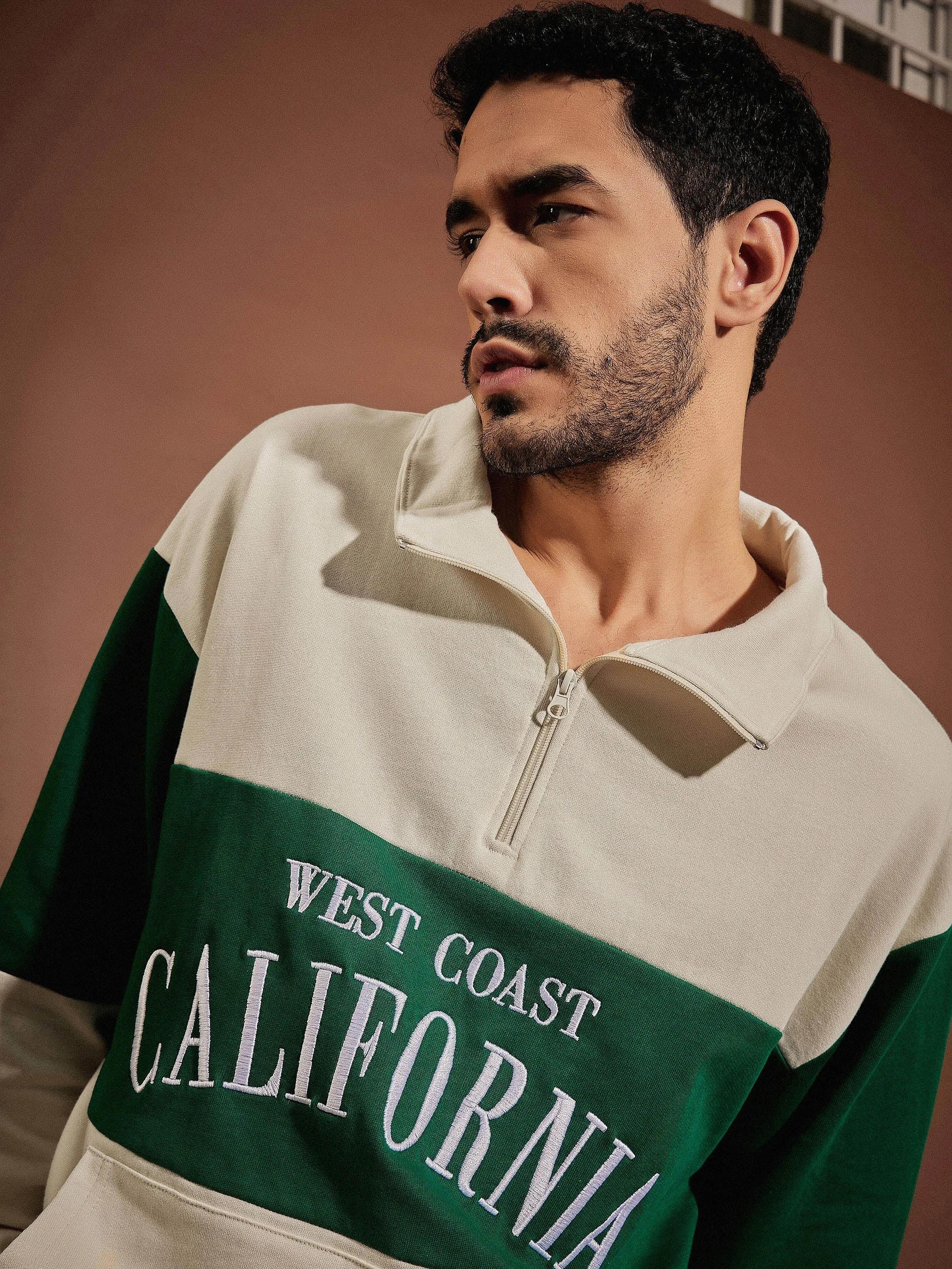 Mens Oversized Beige & Green California Zip-Up Sweatshirt