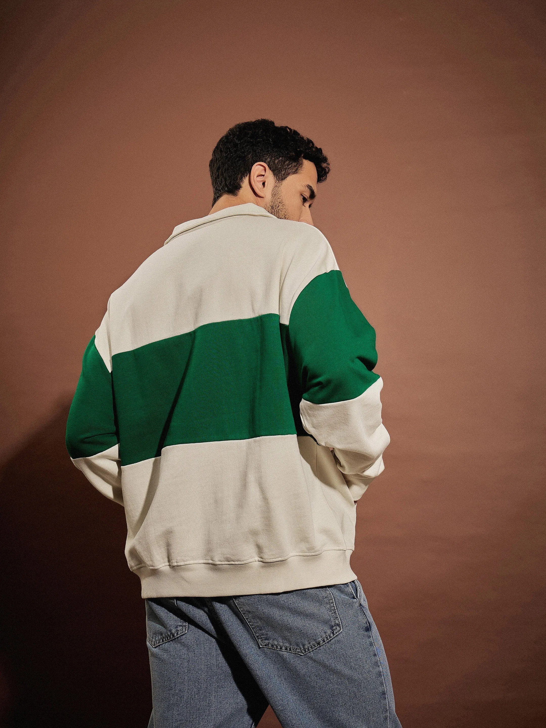 Mens Oversized Beige & Green California Zip-Up Sweatshirt