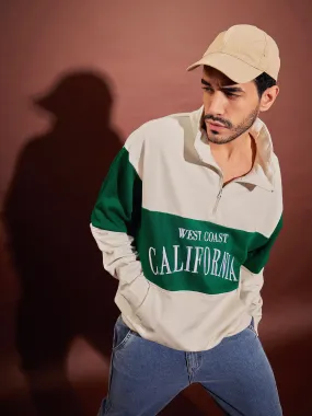 Mens Oversized Beige & Green California Zip-Up Sweatshirt