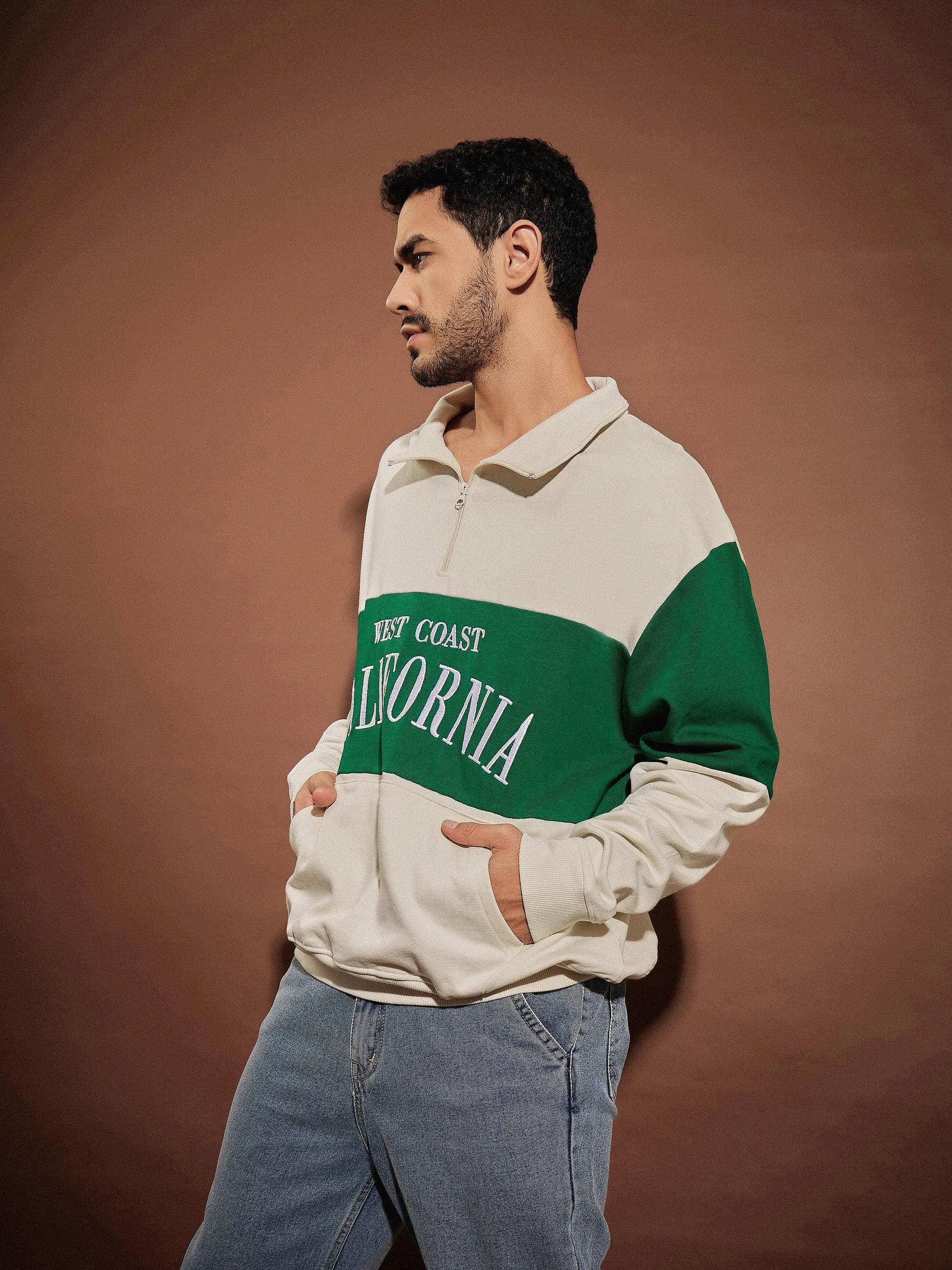 Mens Oversized Beige & Green California Zip-Up Sweatshirt