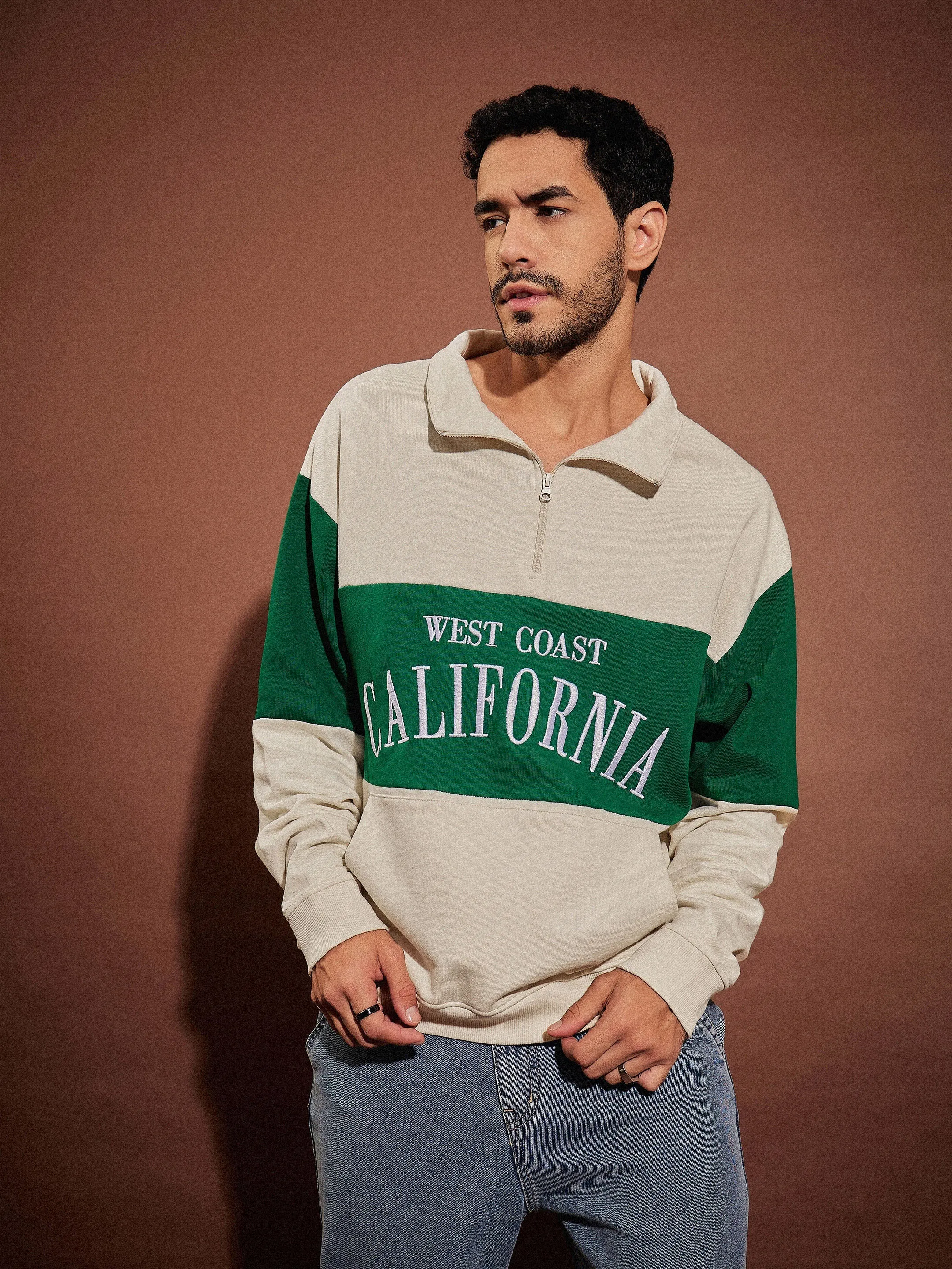 Mens Oversized Beige & Green California Zip-Up Sweatshirt