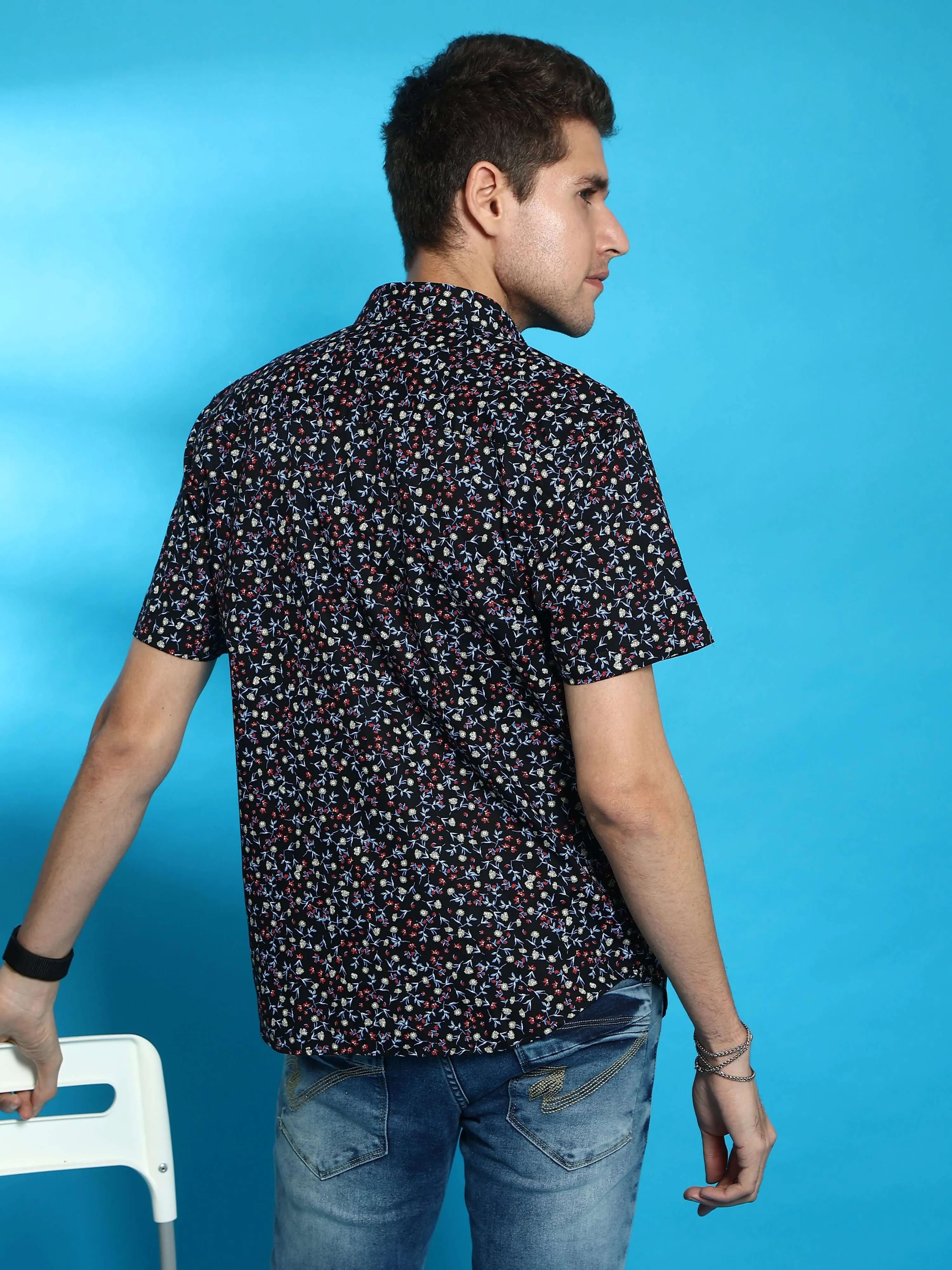 Navy casual floral AOP half sleeves shirt