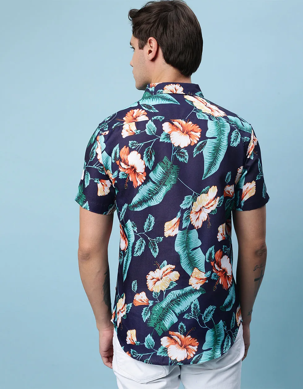 Navy Floral Printed Casual Shirt