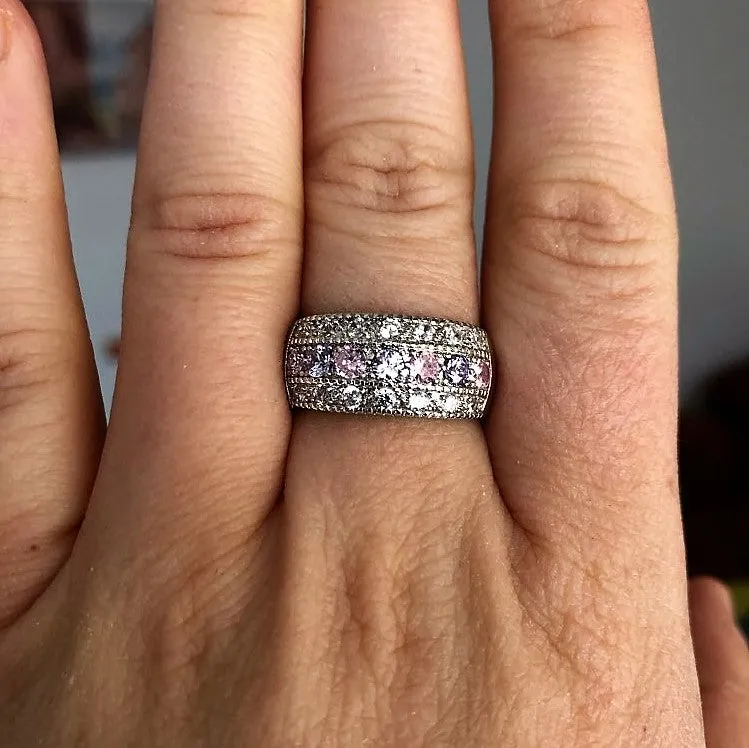 Pink & White CZ Crystals Silver Band Romantic Ring