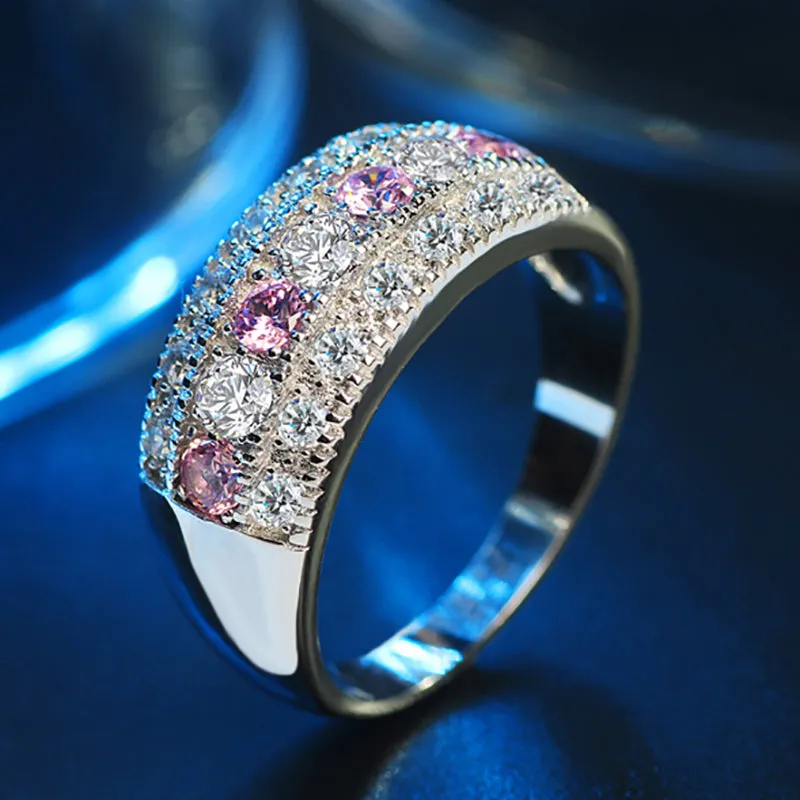 Pink & White CZ Crystals Silver Band Romantic Ring