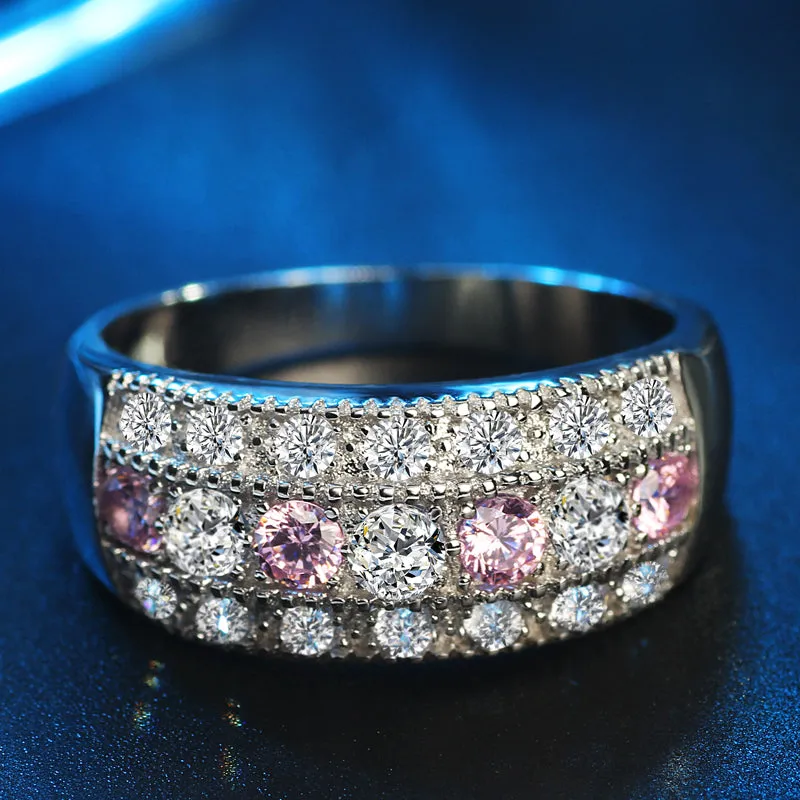 Pink & White CZ Crystals Silver Band Romantic Ring