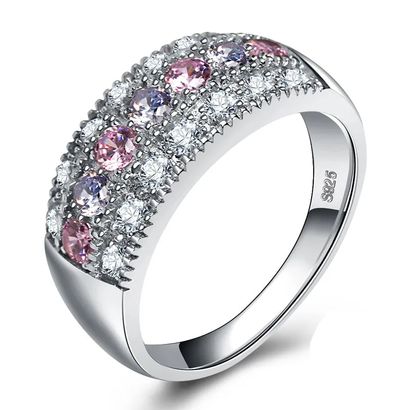 Pink & White CZ Crystals Silver Band Romantic Ring