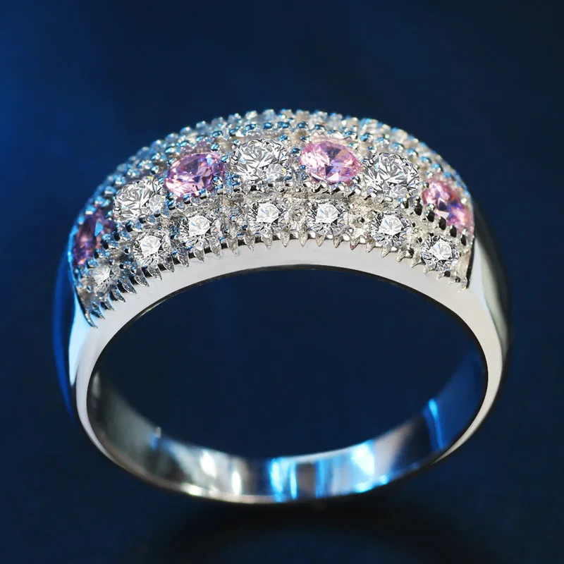 Pink & White CZ Crystals Silver Band Romantic Ring