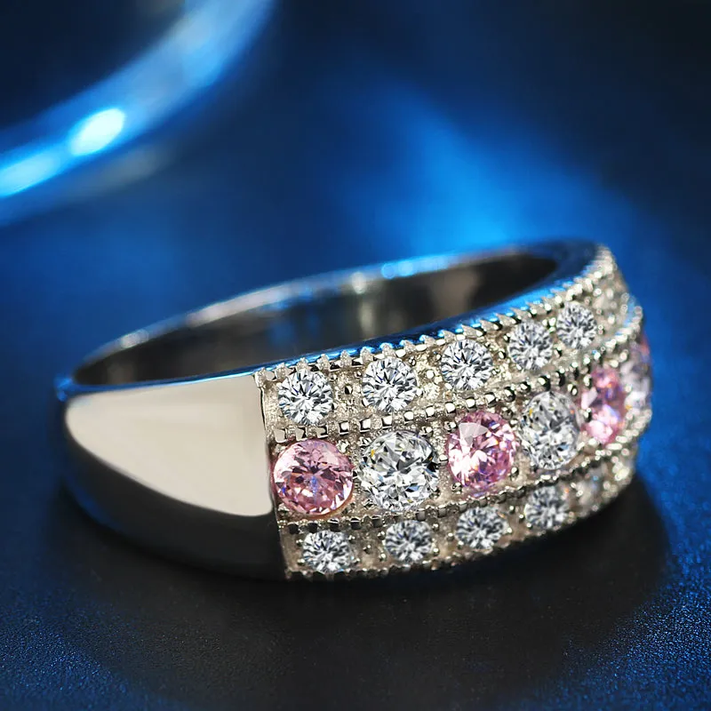 Pink & White CZ Crystals Silver Band Romantic Ring