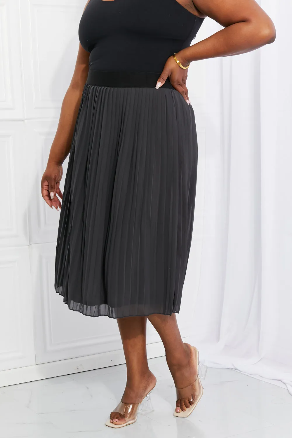 Romantic At Heart Pleated Chiffon Midi Skirt in Dark Grey