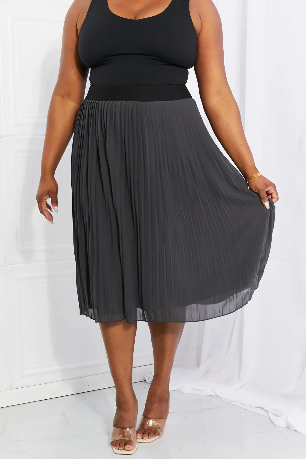 Romantic At Heart Pleated Chiffon Midi Skirt in Dark Grey